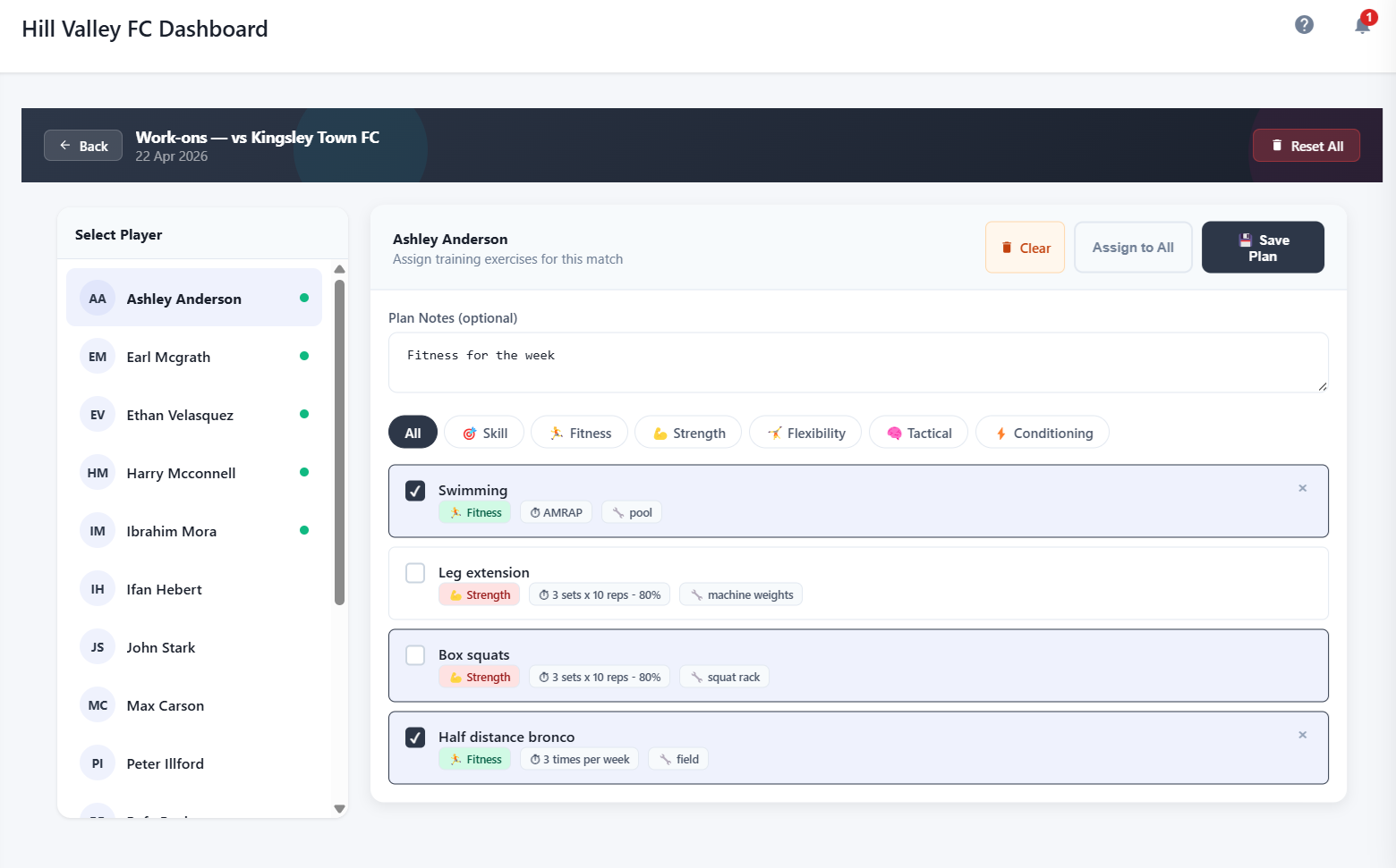 Training Centre — assigned plans and progress